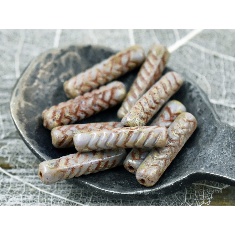 *11* 18x4mm Antiqued Beige Lavender PIcasso Basket Weave Tube Beads
