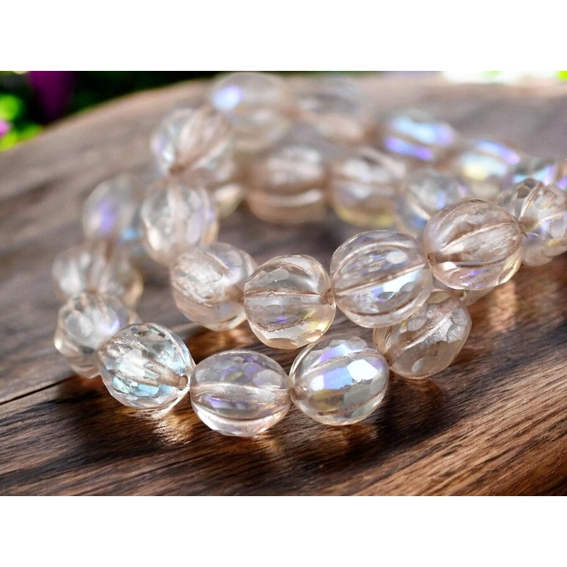 *12* 10mm Metallic Beige Washed Crystal AB Faceted Round Melon Beads