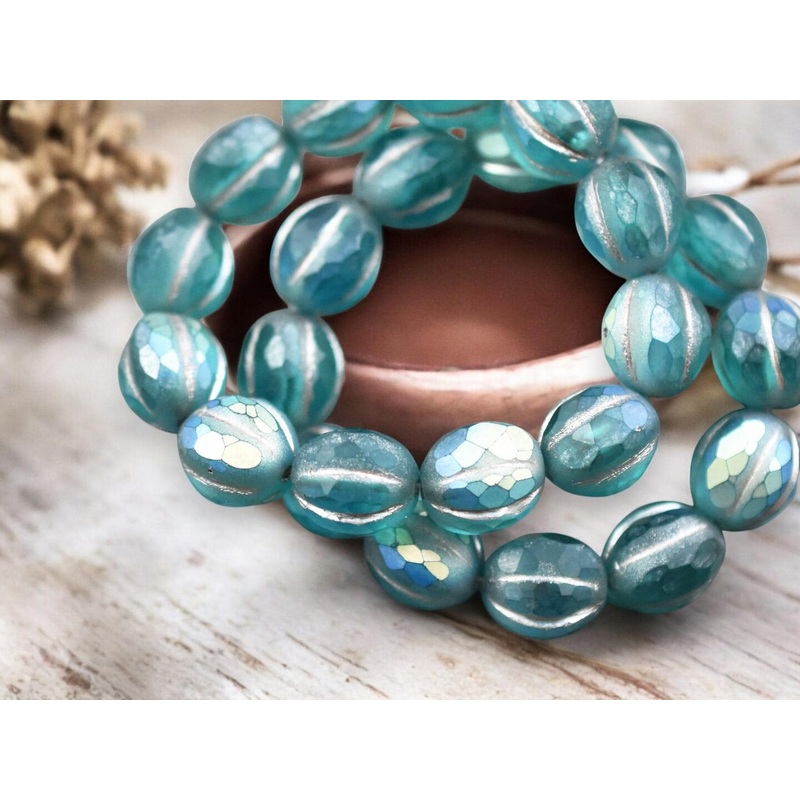 *12* 10mm Metallic Beige Washed Matte Teal AB Faceted Round Melon Beads