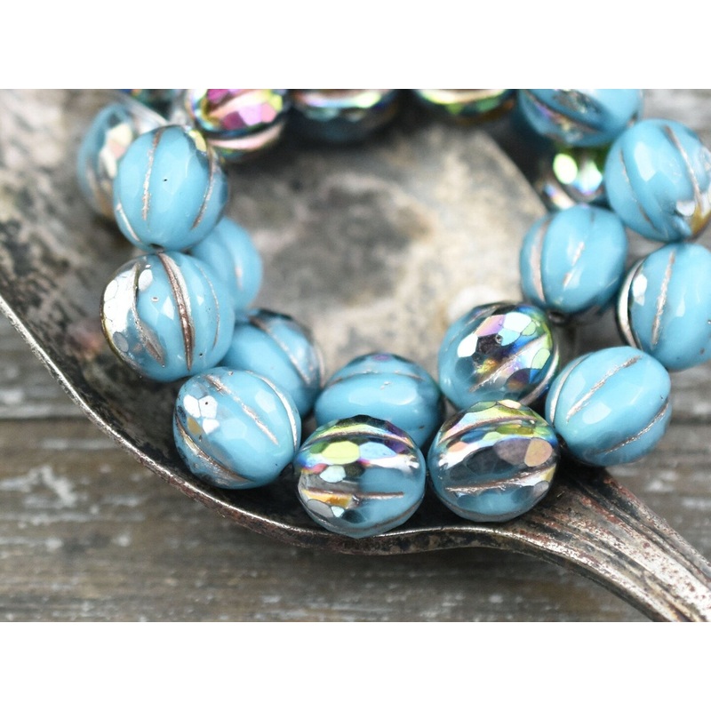 *12* 10mm Metallic Beige Washed Opaque Sky Blue AB Faceted Round Melon Beads