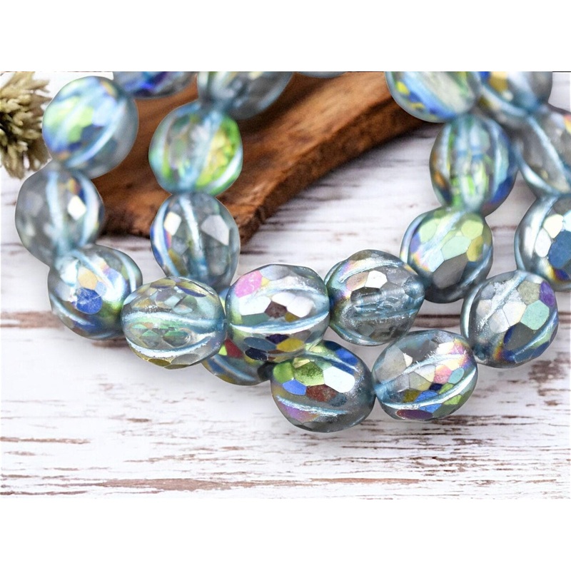 *12* 10mm Metallic Turquoise Washed Crystal AB Faceted Round Melon Beads