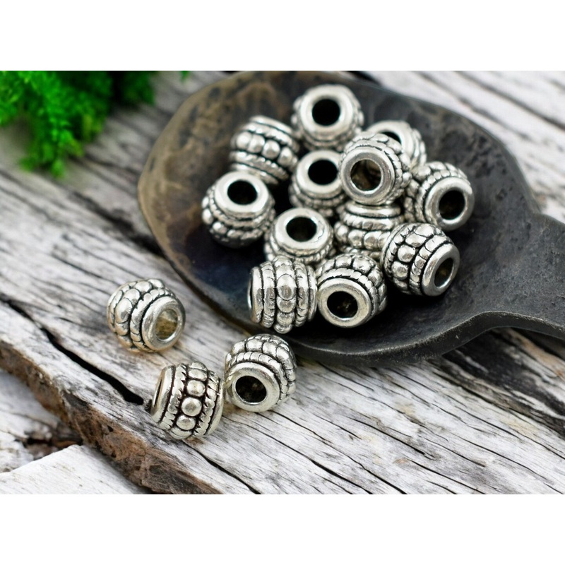 *50* 6x8mm Antique Silver Large Hole Drum Beads