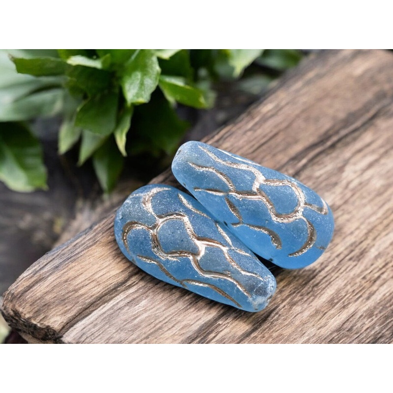 *6* 25x12mm Platinum Washed Matte Transparent Ocean Blue Mermaid Scale Large Drop Beads