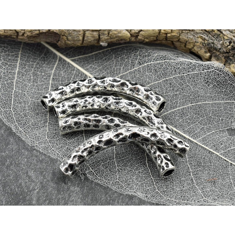 *6* 42x6mm Antique Silver Hammered Curved Beads