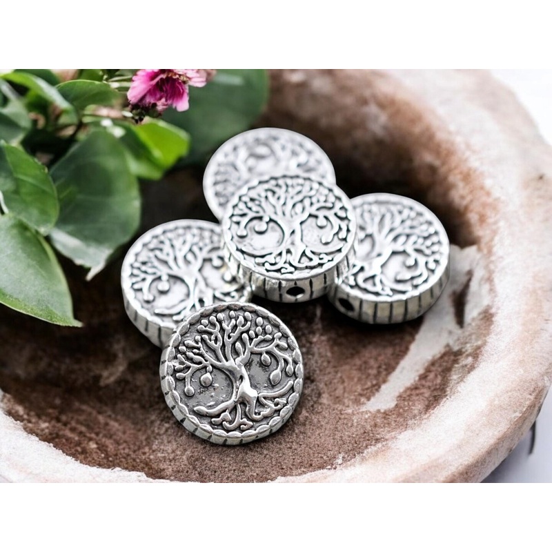 *10* 15mm Antique Silver Tree Of LIfe Coin Beads