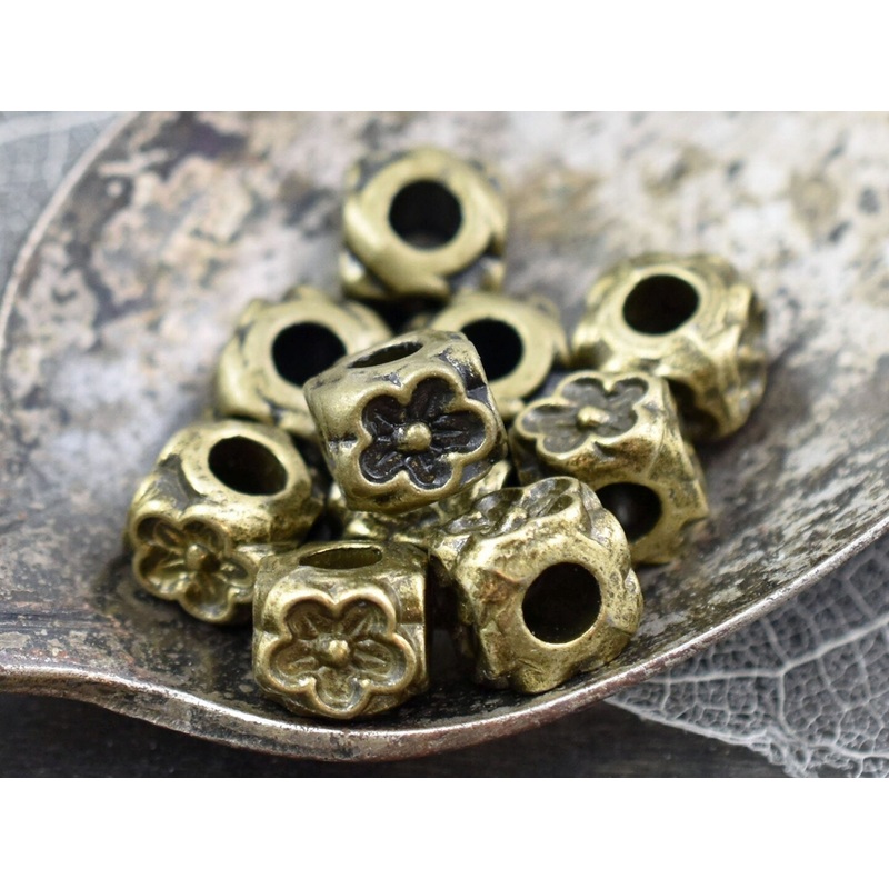 *10* 8x7mm Antique Bronze Large Hole Floral Cube Beads