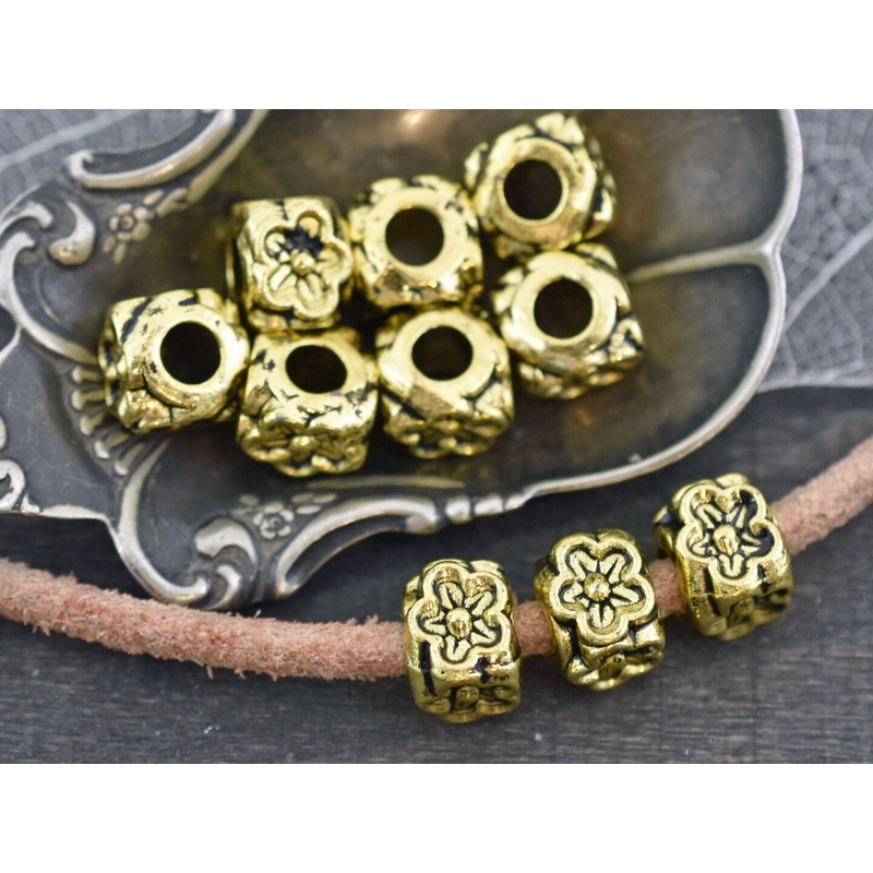 *10* 8x7mm Antique Gold Large Hole Floral Cube Beads
