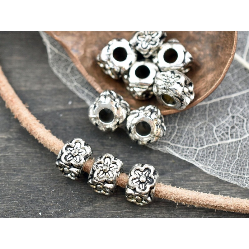 *10* 8x7mm Antique Silver Large Hole Floral Cube Beads