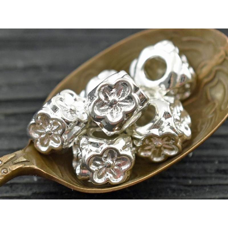 *10* 8x7mm Platinum Silver Large Hole Floral Cube Beads