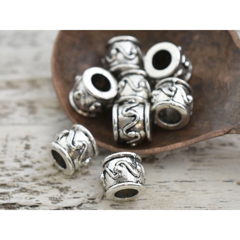*10* 8x9mm Antique Silver Large Hole Barrel Beads