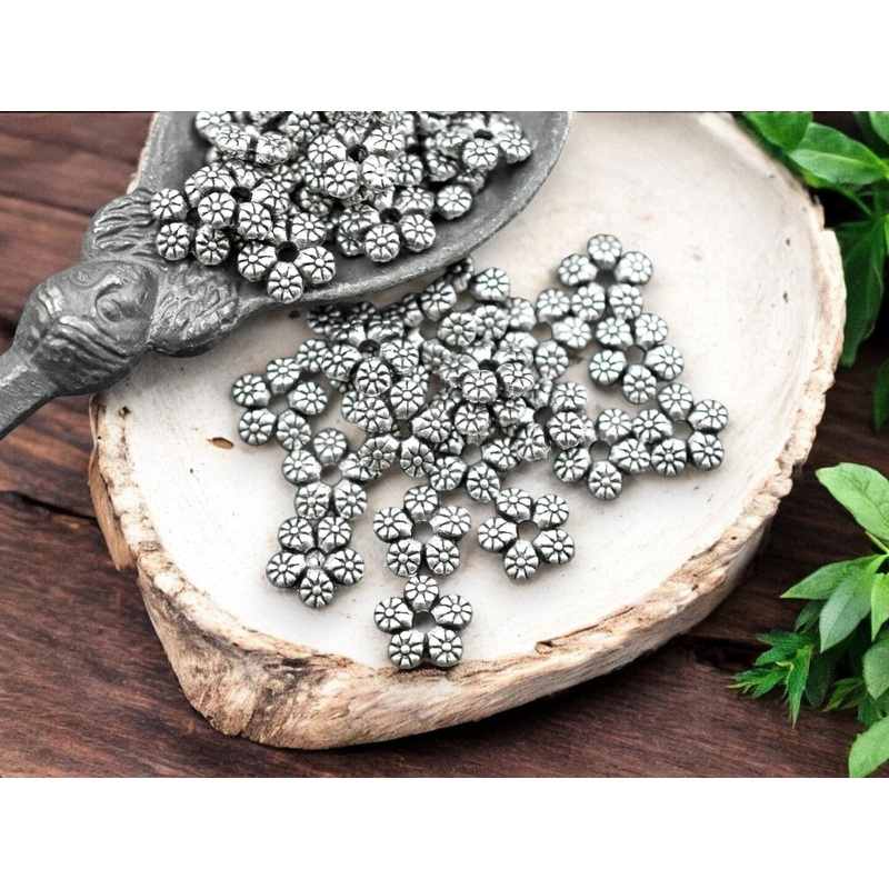 *100* 7mm Antique Silver Flower Rondelle Beads
