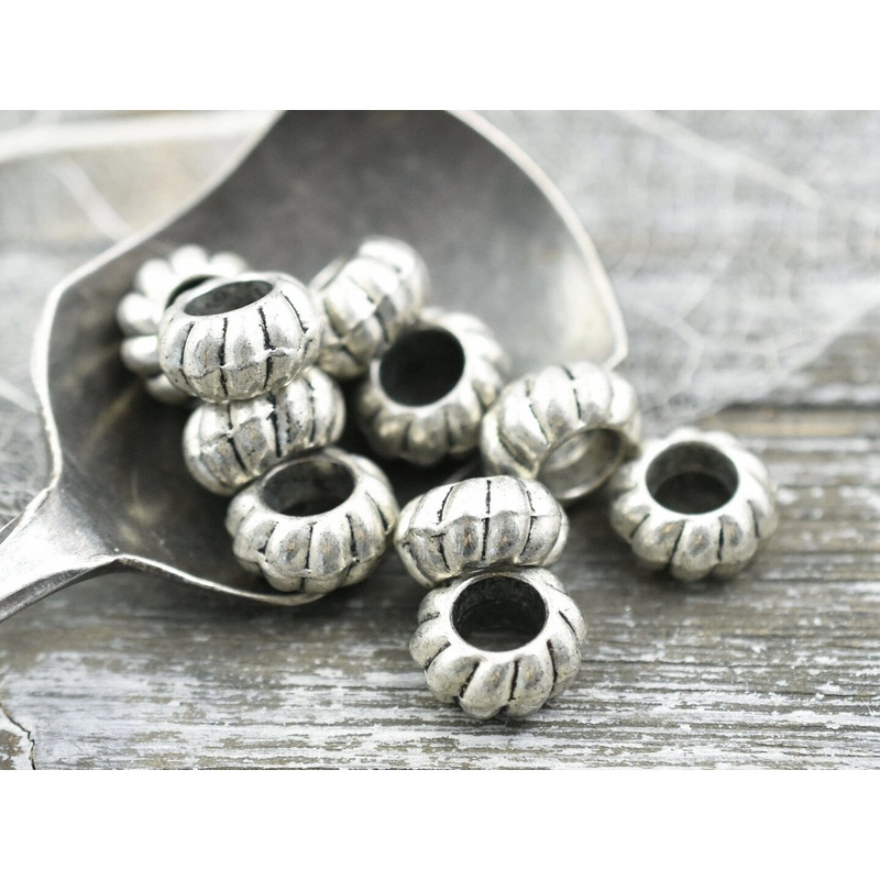 *20* 10x5mm Antique Silver Large Hole Corrugated Rondelle Beads