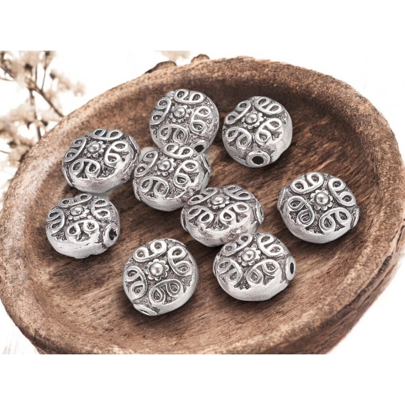 *50* 10mm Antique Silver Ornate Coin Spacer Beads