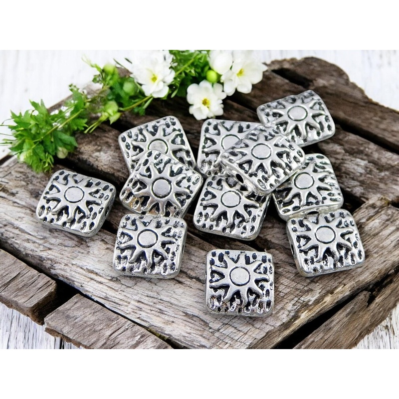 *50* 10mm Antique Silver Sun Design Beveled Square Beads