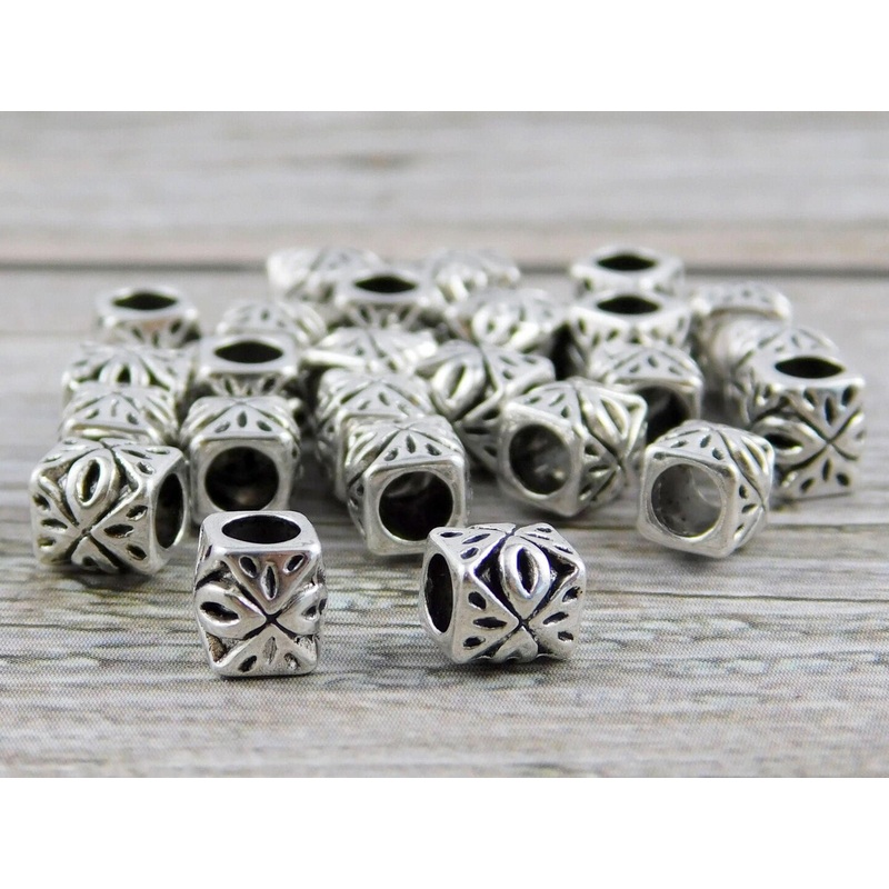 *50* 5x6mm Antique Silver Large Hole Rounded Cube Beads