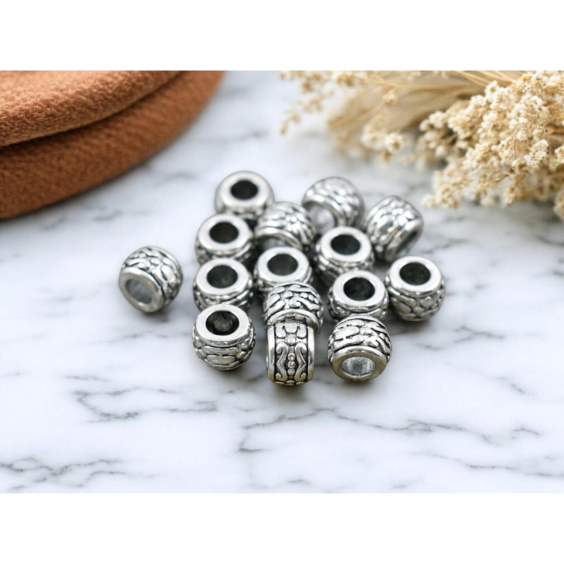 *50* 7x5mm Antique Silver Large Hole Drum Beads