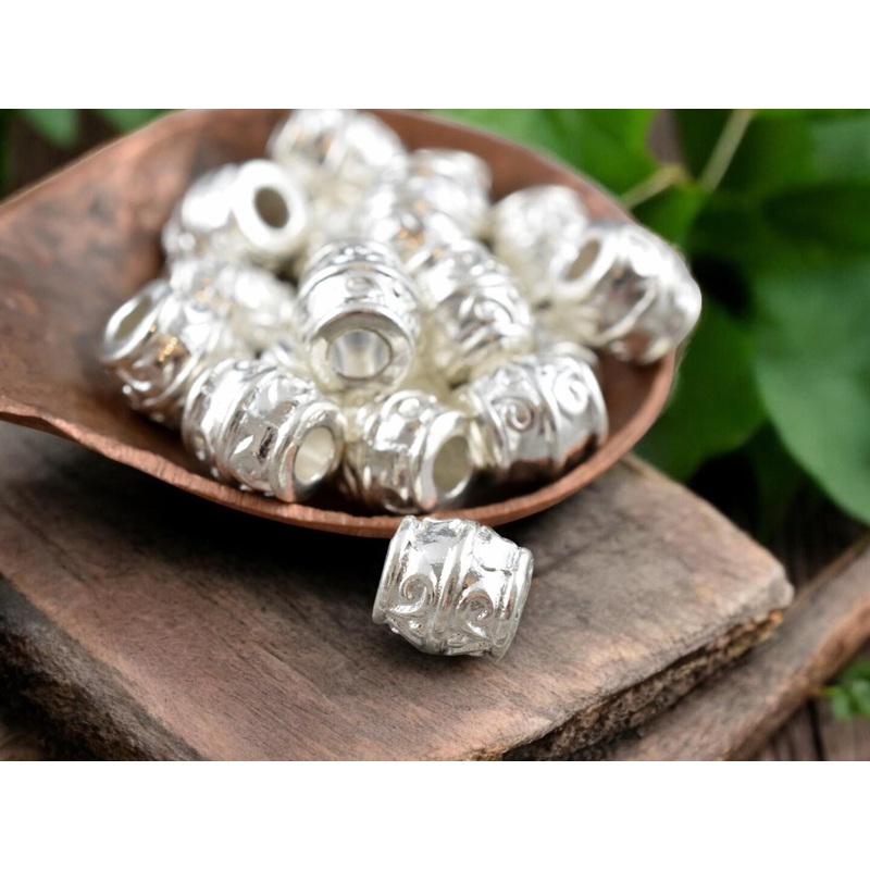*50* 8mm Platinum Silver Large Hole Barrel Beads