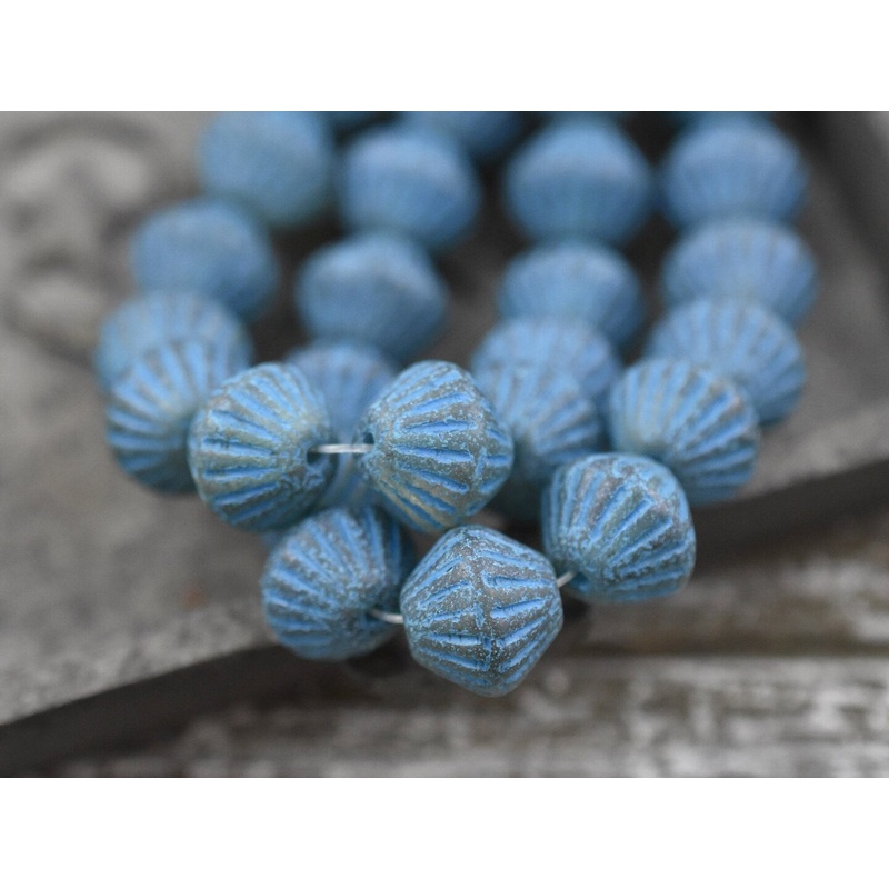 *10* 11mm Green Washed Etched Silvered Teal Tribal Bicone Beads