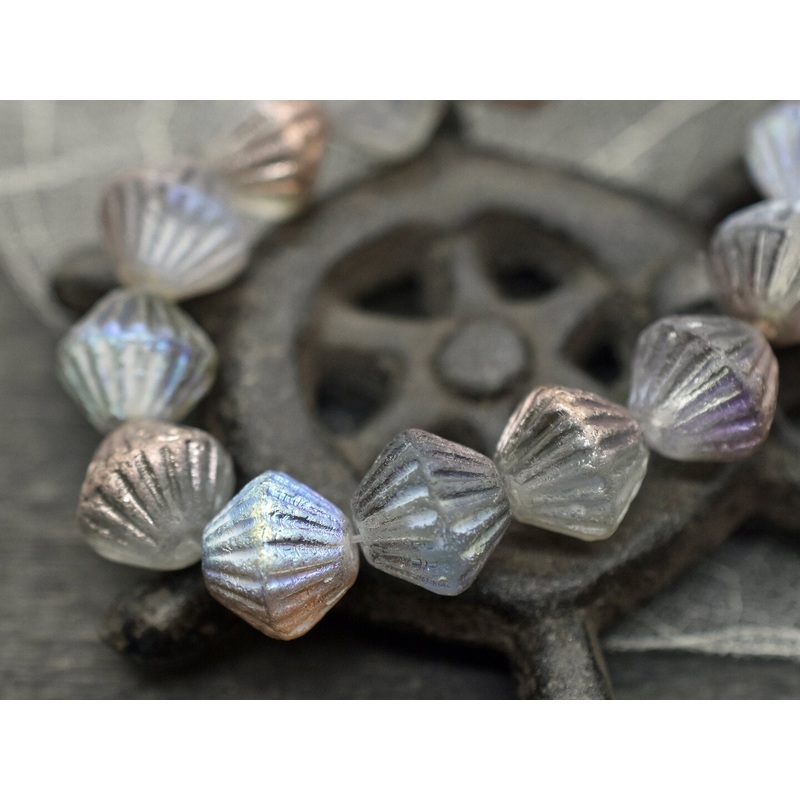 *10* 11mm Matte Copper Etched Translucent Champagne AB Fluted Bicone Beads