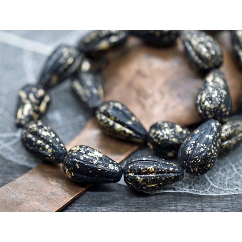 *10* 13x8mm Antique Gold Washed Matte Jet Black Melon Drop Beads