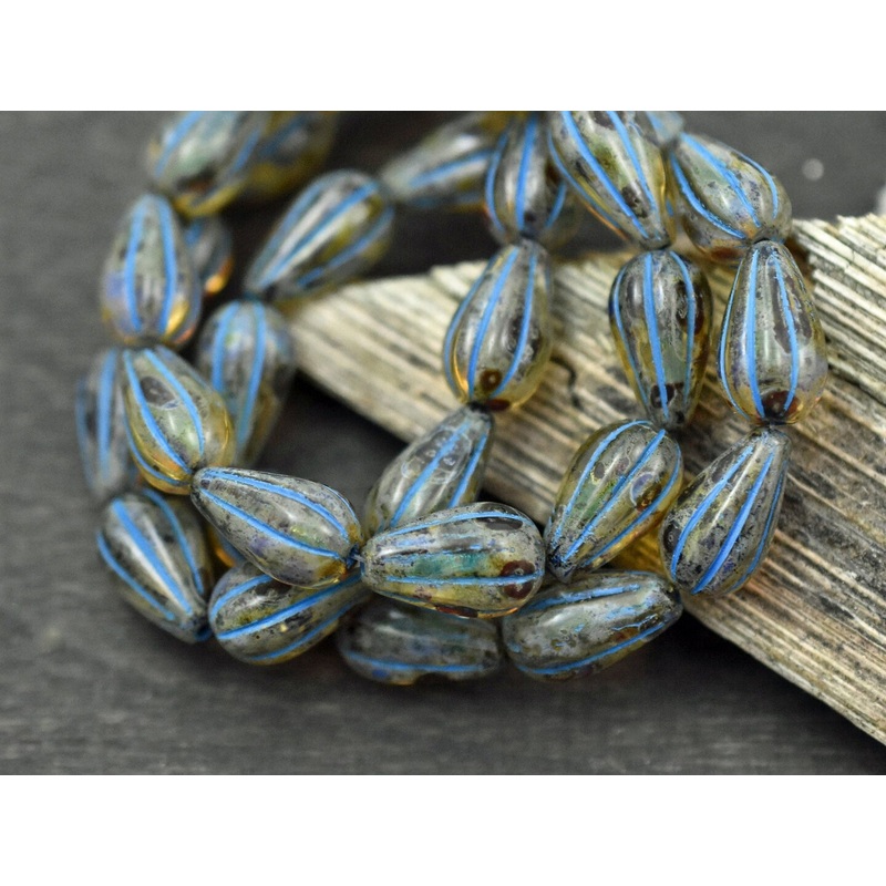 *10* 13x8mm Turquoise Washed Amber Picasso Melon Drop Beads