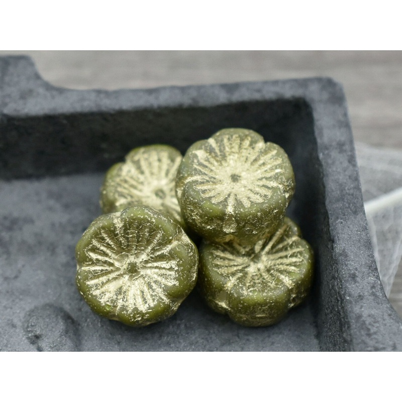 *10* 14mm Gold Washed Etched Olive Green Hawaiian Flower Beads