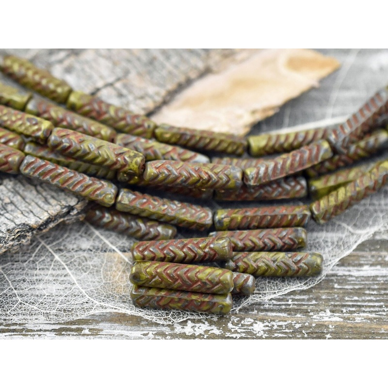 *11* 18x4mm Antiqued Chartreuse Picasso Basket Weave Tube Beads
