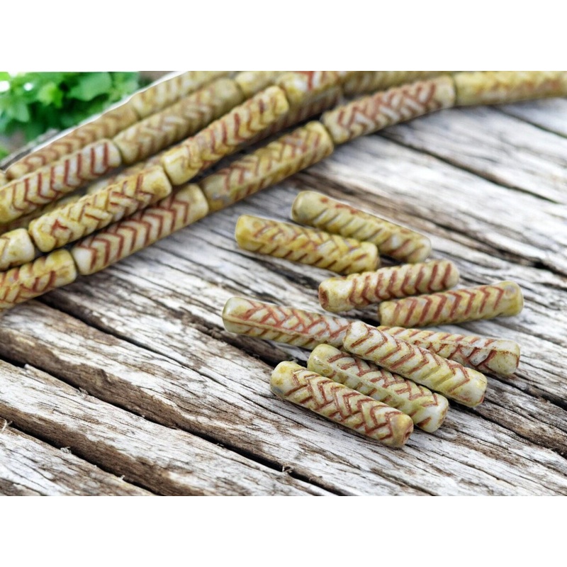 *11* 18x4mm Khaki Picasso Basket Weave Tube Beads
