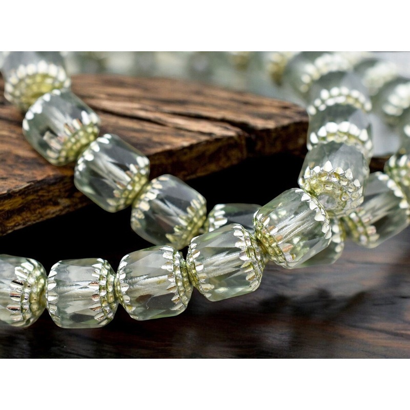 *12* 10mm Silver Washed Celadon Green Fire Polished Cathedral Beads