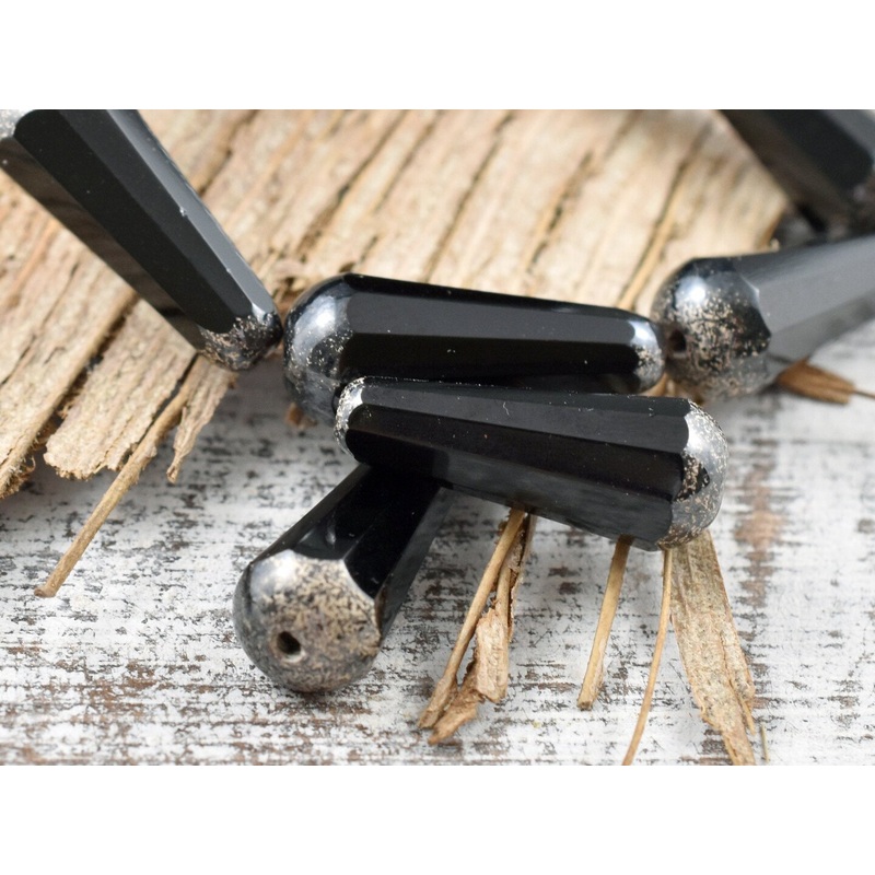 *6* 8x20mm Antique Silver Tipped Jet Black Faceted Drop Beads