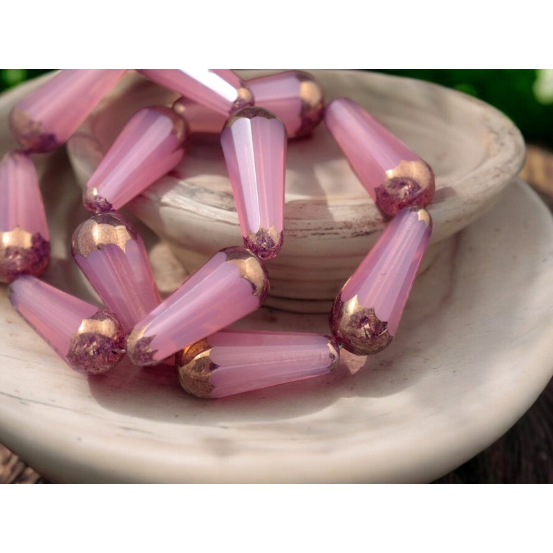 *6* 8x20mm Bronze Tipped Dusty Pink Opaline Faceted Drop Beads