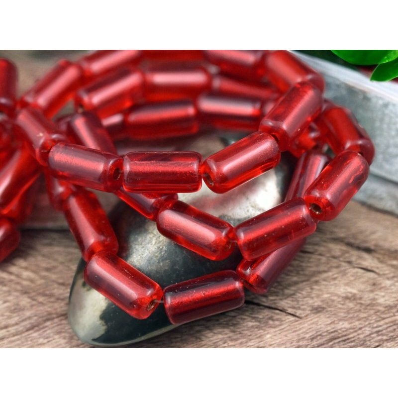 *10* 14x7mm Copper Lined Ruby Red Large Hole Tube Beads