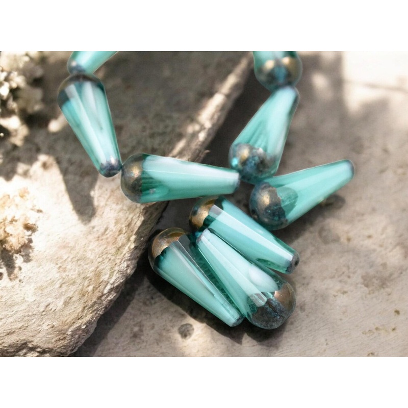 *6* 8x20mm Bronze Tipped Aqua Cloud Faceted Drop Beads