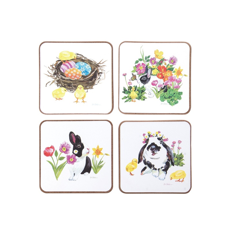4″ Spring Easter Eggs Tulips Bunny Rabbit Floral Flower Garden Themed Tabletop Cork Drink Sitter Coasters Set of 4