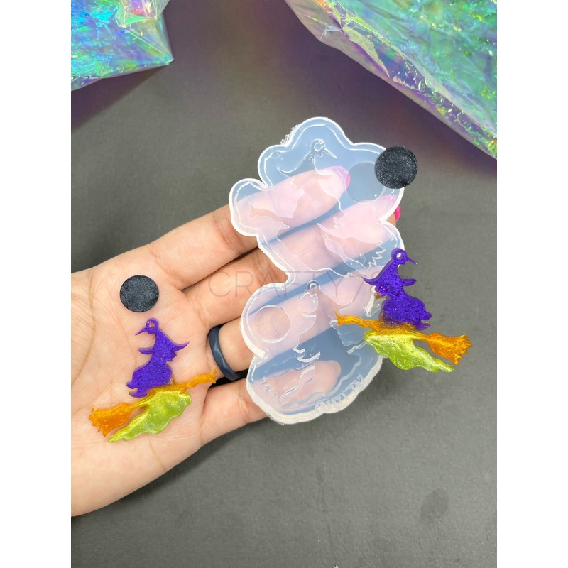 Witch on Broom Dangle Earring Silicone Mold(C5)