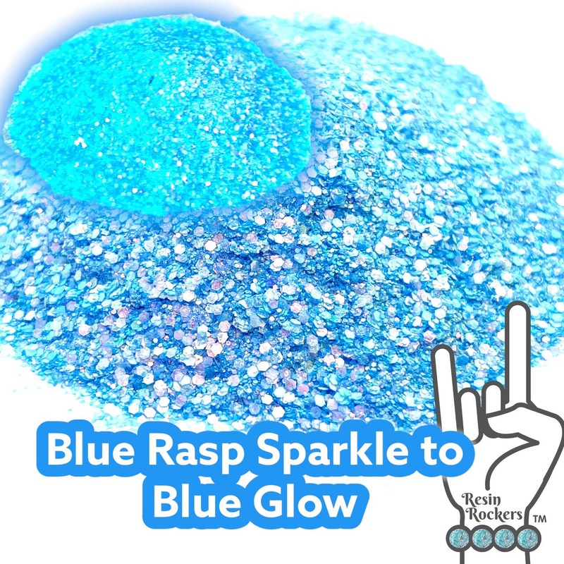 Glamour and Blue Rasp Sparkle to Blue Glow in the Dark Pixie for Poxy Medium Chunky Glitter Mix