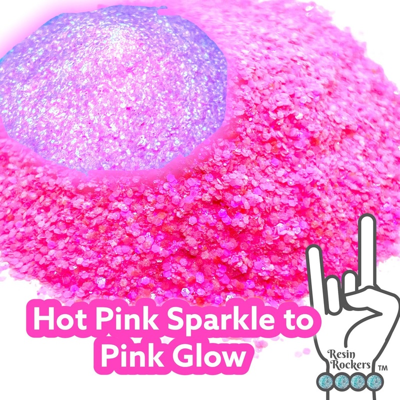 Glamour and Hot Pink Sparkle to Pink Glow in the Dark Pixie for Poxy Medium Chunky Glitter Mix